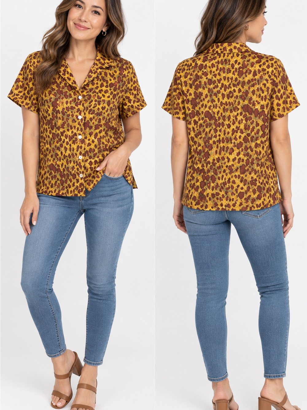 Jennifer Moore 100% silk Yellow and Brown Leopard Print Button-Down Top 6P